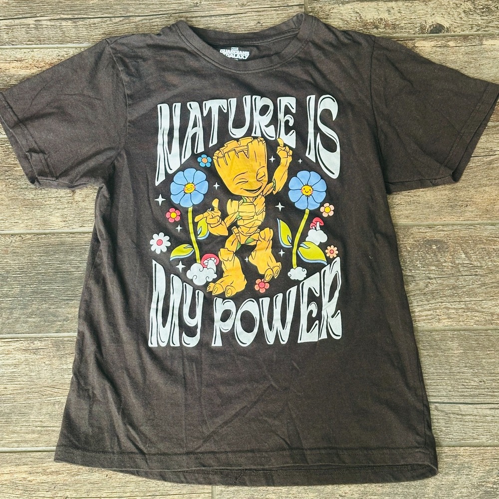 Groot - Nature Is My Power - T Shirt YOUTH Large L Brown - Marvel Flower Power
